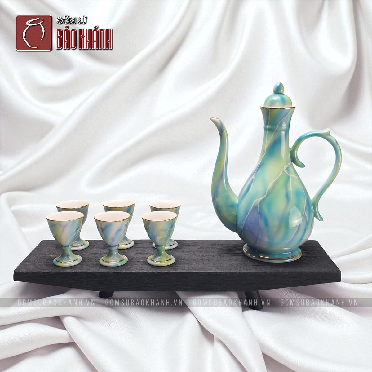 Bộ rượu men xanh đá vàng kẻ vàng