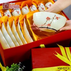 Bộ đồ ăn khay mặt trời men kem vẽ hoa đào