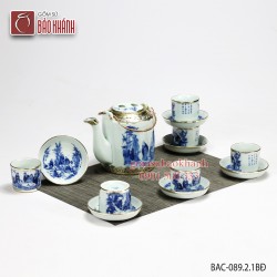 Bộ ấm chén Tích men lam Trúc Lâm Thất Hiền bọc đồng 1,5 lít