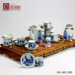 Bộ ấm chén Tích men lam bọc đồng khay và phụ kiên