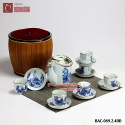 Bộ ấm chén Tích men lam Bát Tràng bọc đồng 