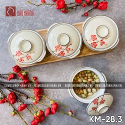 Khay mứt men kem hoa Đào đỏ 3 ngăn