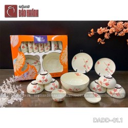 Bộ đồ ăn men kem hoa Đào đỏ 11 món
