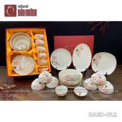Bộ đồ ăn men kem hoa Sen đỏ 13 món set 2