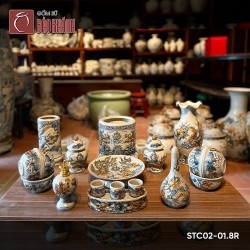 Bộ đồ thờ men rạn đắp nổi Rồng STC02-01.8R