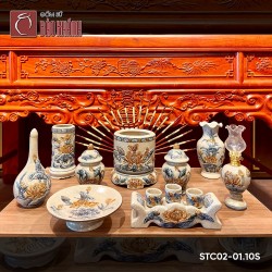 Bộ đồ thờ men rạn đắp nổi Sen STC02-01.10S