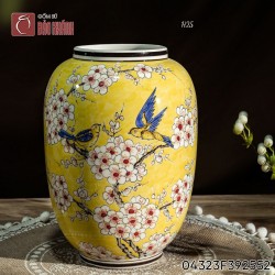 Lọ hoa men vàng vẽ hoa Đào dáng lu