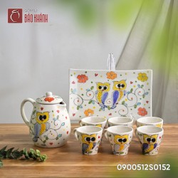 Bộ bình nước vẽ cú 1 lít khay sứ