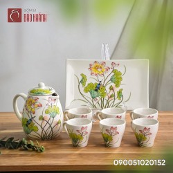 Bộ bình nước vẽ hoa sen 1 lít khay sứ