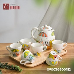 Bộ bình nước vẽ mèo 1 lít khay gỗ