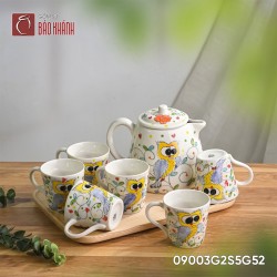 Bộ bình nước vẽ cú 1.2 lít khay gỗ