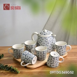 Bộ bình nước vẽ cúc cầm 1.2 lít khay gỗ