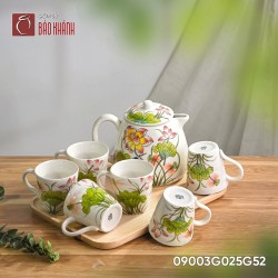 Bộ bình nước vẽ hoa sen 1.2 lít khay gỗ