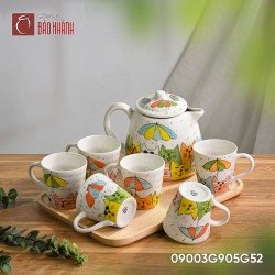 Bộ bình nước vẽ mèo 1.2 lít khay gỗ