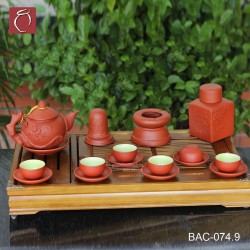 Bộ ấm chén tử sa đỏ đắp nổi hoa Phù Dung và phụ kiện