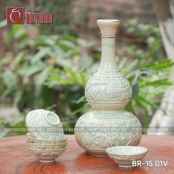 Bộ rượu Đông Sơn Âu Lạc men ngọc vẽ vàng 2 bầu 1 lít