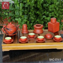 Bộ ấm chén tử sa đỏ đắp nổi hoa Lan đen và phụ kiện