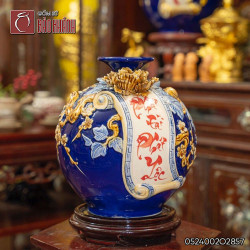 Bình hút lộc đắp nổi Phát Tài Phát Lộc men xanh coban