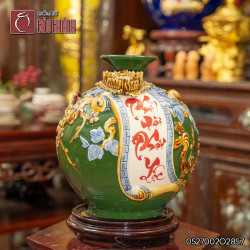 Bình hút lộc đắp nổi Phát Tài Phát Lộc men xanh lá