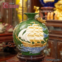 Bình hút lộc đắp nổi Thuận Buồm Xuôi Gió men xanh lá
