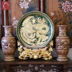 Đĩa Long Phụng Sum Vầy men Ngọc Lục Bảo dát vàng