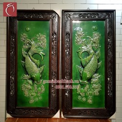 Bộ tranh sứ Lý Ngư Vọng Nguyệt đắp nổi men Ngọc Lục Bảo