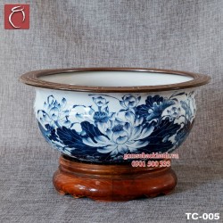 Bát hương Quả Lựu vẽ sen men lam cổ Bát Tràng