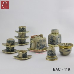 Bộ ấm chén vuông men rạn bọc đồng và 3 phụ kiện