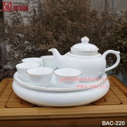 Bộ ấm chén men trắng Thiên Nga kẻ chỉ vàng kim