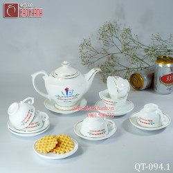 Bộ ấm chén đèn thần kẻ chỉ vàng kim in logo THPT Tân Yên Số 2