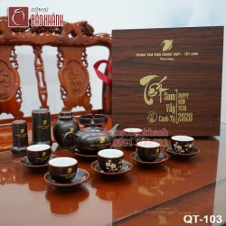 Bộ ấm chén men khử khắc hoa đào in logo