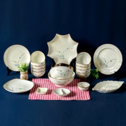 Bộ đồ ăn men kem vẽ hoa đào xanh 20 món